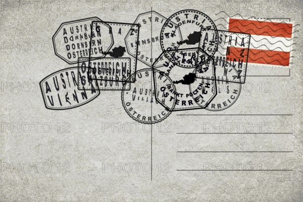 Austria Vintage Postcard with Flag Stamp and City Postmarks