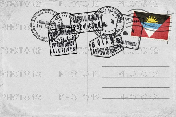 Antigua and Barbuda Vintage Postcard with Flag Stamp and City Postmarks