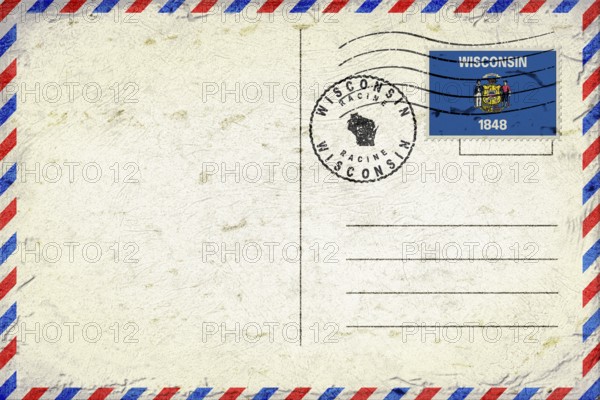 Wisconsin Racine Vintage Air Mail Envelope with Flag and Postmark