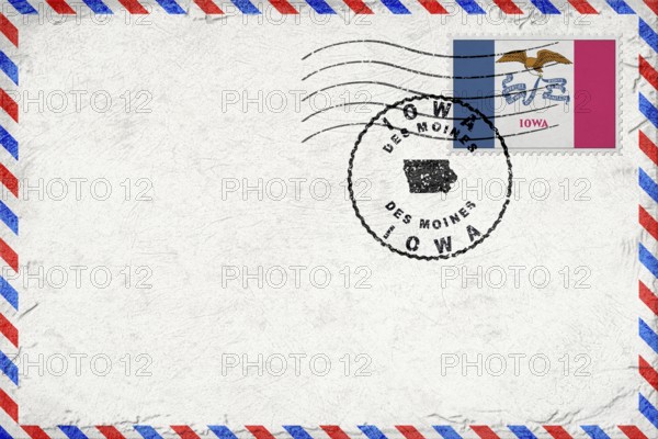 Iowa Des Moines Vintage Air Mail Envelope with Flag and Postmark