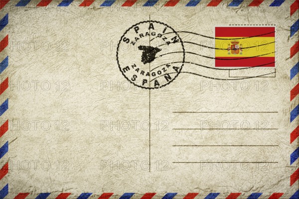 Spain Zaragoza Vintage Air Mail Envelope with Flag and Postmark