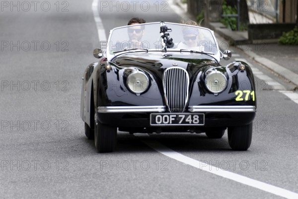 No. 271, Jaguar XK 120 OTS, model year 1953, black vintage convertible driving on a road with two people wearing helmets, Mille Miglia 2014 or 1000 Miglia, vintage car race, San Marino, Italy
