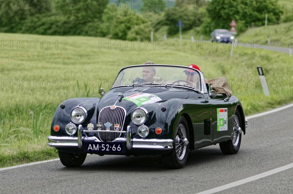 Black convertible driving on a country road through an idyllic landscape, classic car, car race, Mille Miglia, 1000 Miglia, 2015, Tuscany, Rome Lake Garda, Italy