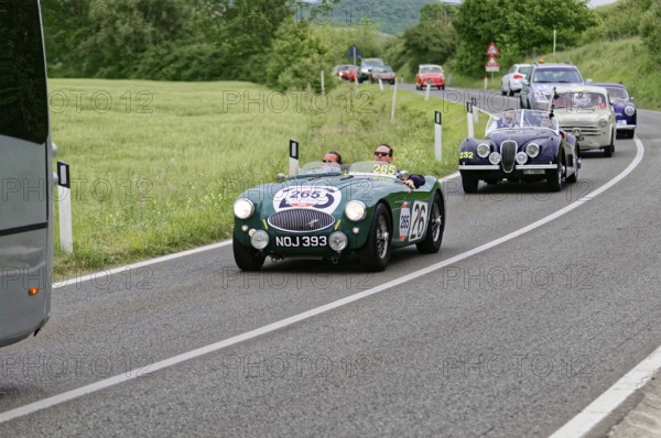 Green classic car in a row of vehicles on a winding country road, classic car, car race, Mille Miglia, 1000 Miglia, 2015, Tuscany, Rome Lake Garda, Italy