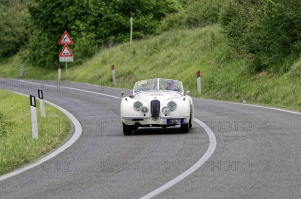 Classic car in white colour drives on winding country road, classic car, car race, Mille Miglia, 1000 Miglia, 2015, Tuscany, Rome Lake Garda, Italy
