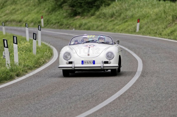 White Porsche vintage convertible on a winding country road, classic car, car racing, Mille Miglia, 1000 Miglia, 2015, Tuscany, Rome Lake Garda, Italy