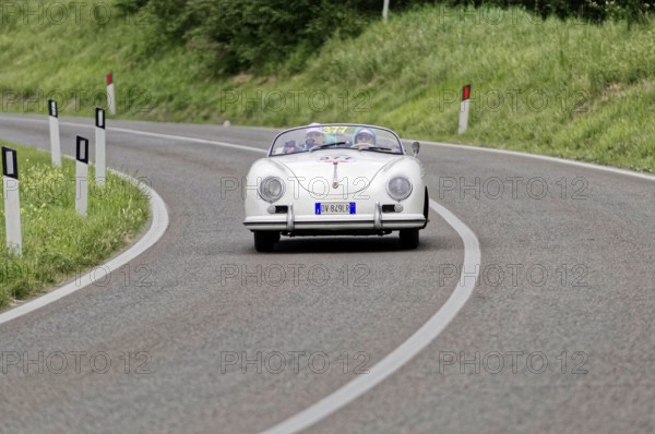 White Porsche convertible classic car on a winding road, classic car, car race, Mille Miglia, 1000 Miglia, 2015, Tuscany, Rome Lake Garda, Italy