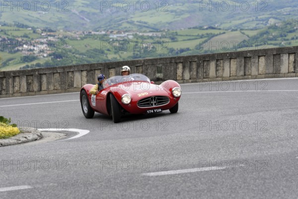 No. 290, Maserati A6 GCS 53 Fantuzzi, year of construction 1954, Red Maserati vintage car driving on a road with landscape in the background, Mille Miglia 2014 or 1000 Miglia, vintage car race, San Marino, Italy