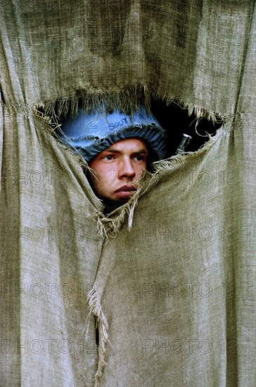 BIH, May 1994 -- British UN soldier in his post in front of the British UN camp outside Vitez in. Bosnia Hercogovina, Eastern Europe
