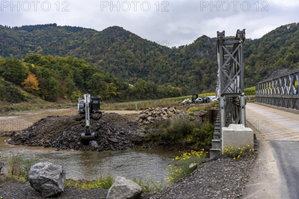 Reconstruction in the Ahr Valley, after the flood of July 2021, restoration of the river landscape, after the removal of debris, flotsam, the river Ahr is being expanded in parts like floodplains to create flooding areas, construction measures will also regulate the flow rate and strengthen the bank, near Mayschoß, Rhineland-Palatinate