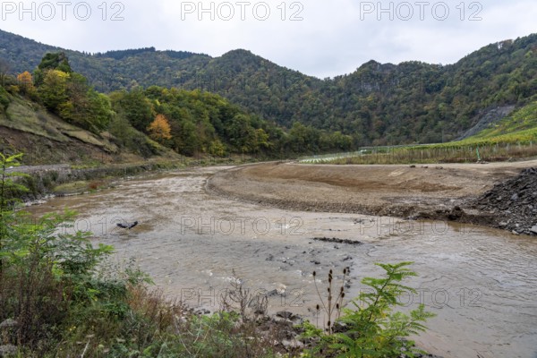 Reconstruction in the Ahr Valley, after the flood of July 2021, restoration of the river landscape, after the removal of debris, flotsam, the river Ahr is being expanded in parts like floodplains to create flooding areas, construction measures will also regulate the flow rate and strengthen the bank, near Mayschoß, Rhineland-Palatinate