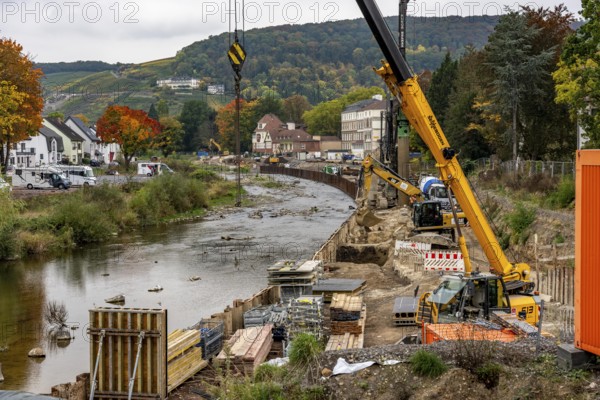 Reconstruction in the Ahr Valley, after the flood of July 2021, restoration of the river landscape, after the removal of debris, flotsam, the river Ahr and the bank are fortified, near Ahrweiler, Rhineland-Palatinate