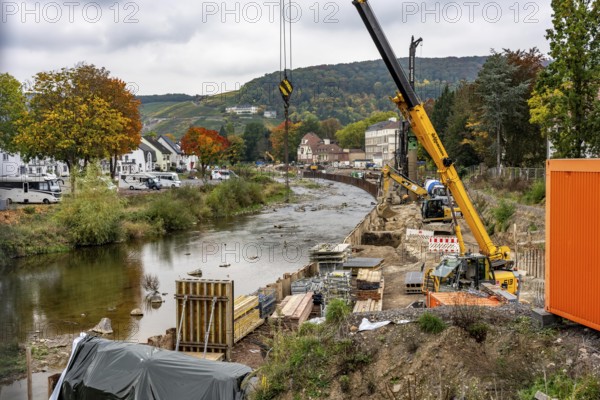 Reconstruction in the Ahr Valley, after the flood of July 2021, restoration of the river landscape, after the removal of debris, flotsam, the river Ahr and the bank are fortified, near Ahrweiler, Rhineland-Palatinate