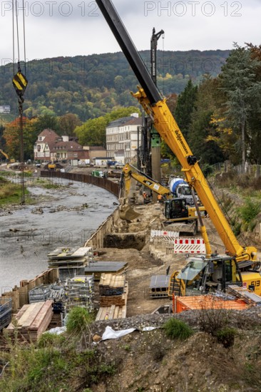 Reconstruction in the Ahr Valley, after the flood of July 2021, restoration of the river landscape, after the removal of debris, flotsam, the river Ahr and the bank are fortified, near Ahrweiler, Rhineland-Palatinate
