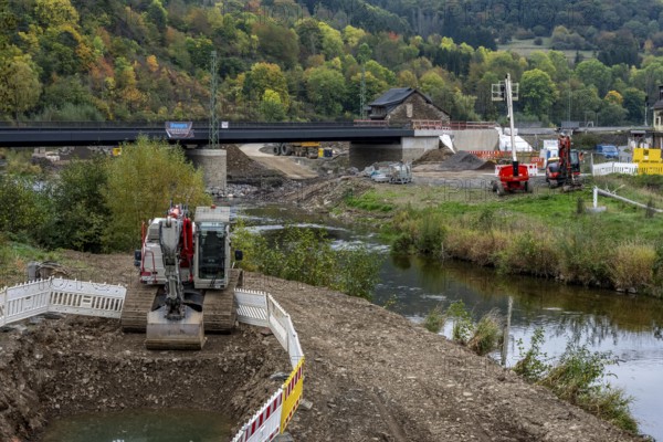 Reconstruction in the Ahr Valley, after the flood of July 2021, restoration of the river landscape, after the removal of debris, flotsam, the river Ahr is being expanded in parts like floodplains to create flooding areas, construction measures will also regulate the flow rate and strengthen the bank, near Kreuzberg, Rhineland-Palatinate