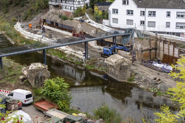 Reconstruction in the Ahr Valley, after the flood of July 2021, restoration of the river landscape, after the removal of debris, flotsam, the river Ahr and the bank are fortified, near Schuld, Rhineland-Palatinate