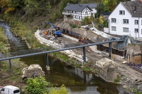 Reconstruction in the Ahr Valley, after the flood of July 2021, restoration of the river landscape, after the removal of debris, flotsam, the river Ahr and the bank are fortified, near Schuld, Rhineland-Palatinate