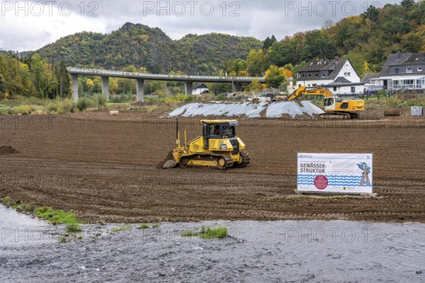 Reconstruction in the Ahr Valley, after the flood of July 2021, restoration of the river landscape, after the removal of debris, flotsam, the river Ahr is being expanded in parts like floodplains to create flooding areas, construction measures will also regulate the flow rate and strengthen the bank, near Kreuzberg, Rhineland-Palatinate
