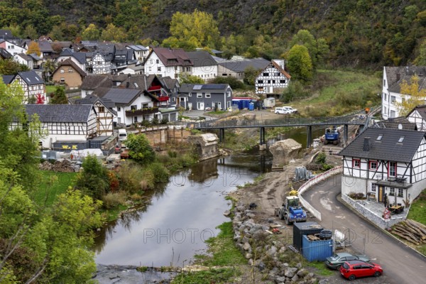 Reconstruction in the Ahr Valley, after the flood of July 2021, restoration of the river landscape, after the removal of debris, flotsam, the river Ahr and the bank are fortified, near Schuld, Rhineland-Palatinate