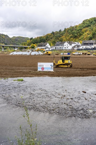 Reconstruction in the Ahr Valley, after the flood of July 2021, restoration of the river landscape, after the removal of debris, flotsam, the river Ahr is being expanded in parts like floodplains to create flooding areas, construction measures will also regulate the flow rate and strengthen the bank, near Kreuzberg, Rhineland-Palatinate