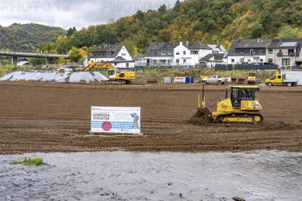 Reconstruction in the Ahr Valley, after the flood of July 2021, restoration of the river landscape, after the removal of debris, flotsam, the river Ahr is being expanded in parts like floodplains to create flooding areas, construction measures will also regulate the flow rate and strengthen the bank, near Kreuzberg, Rhineland-Palatinate
