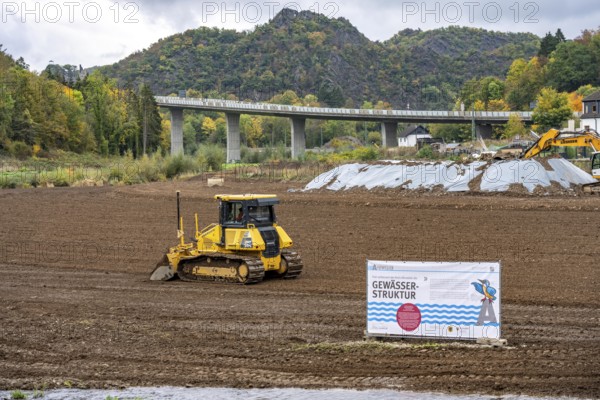 Reconstruction in the Ahr Valley, after the flood of July 2021, restoration of the river landscape, after the removal of debris, flotsam, the river Ahr is being expanded in parts like floodplains to create flooding areas, construction measures will also regulate the flow rate and strengthen the bank, near Kreuzberg, Rhineland-Palatinate