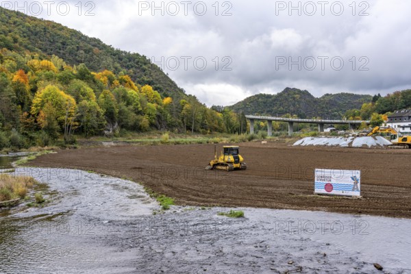 Reconstruction in the Ahr Valley, after the flood of July 2021, restoration of the river landscape, after the removal of debris, flotsam, the river Ahr is being expanded in parts like floodplains to create flooding areas, construction measures will also regulate the flow rate and strengthen the bank, near Kreuzberg, Rhineland-Palatinate