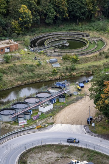 Reconstruction in the Ahr Valley, after the flood of July 2021, provisional sewage treatment plants, all sewage treatment plants in the Ahr Valley were destroyed by the floods, temporary sewage treatment plants are to purify the wastewater in front of it is discharged into the Ahr, new sewage treatment plants are to be built later, near Altenahr, Rhineland-Palatinate