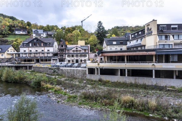 Reconstruction in the Ahr Valley, after the flood of July 2021, buildings that have not yet been renovated or demolished can be found in many places, but most buildings have now been repaired or rebuilt, Hotel Zur Post, Central Hotel, Hotel Zum Schwarzen Kreuz, near Altenahr, Rhineland-Palatinate