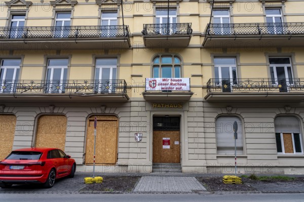 Reconstruction in the Ahr Valley, after the flood of July 2021, buildings that have not yet been renovated or demolished can be found in many towns, but most buildings have now been repaired or rebuilt, town hall near Altenahr, Rhineland-Palatinate