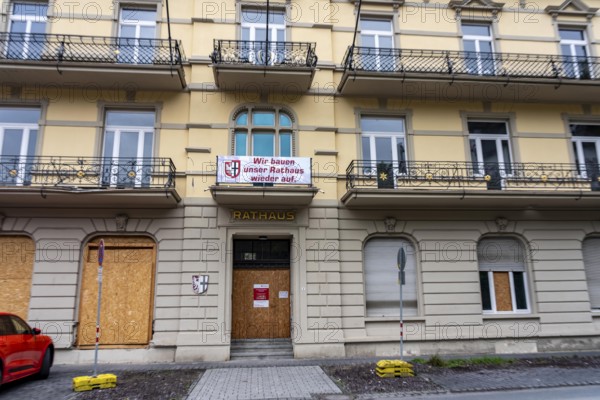 Reconstruction in the Ahr Valley, after the flood of July 2021, buildings that have not yet been renovated or demolished can be found in many towns, but most buildings have now been repaired or rebuilt, town hall near Altenahr, Rhineland-Palatinate
