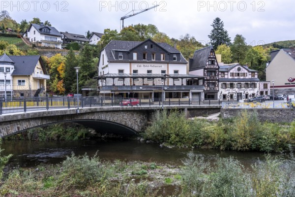 Reconstruction in the Ahr Valley, after the flood of July 2021, buildings that have not yet been renovated or demolished can be found in many towns, but most buildings have now been repaired or rebuilt, Central Hotel, Hotel Zum Schwarzen Kreuz, near Altenahr, Rhineland-Palatinate