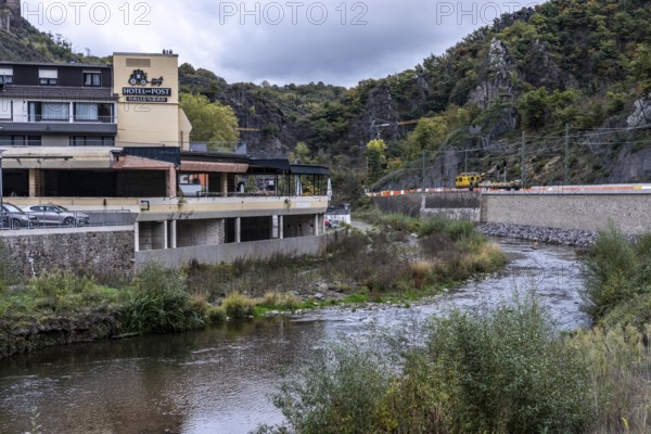 Reconstruction in the Ahr Valley, after the flood of July 2021, buildings that have not yet been renovated or demolished can be found in many towns, but most buildings have now been repaired or rebuilt, Hotel Zur Post, near Altenahr, Rhineland-Palatinate