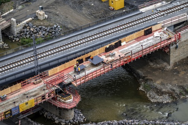 Reconstruction in the Ahr Valley, after the flood of July 2021, restoration of the railway infrastructure of the Ahr line, 29 km of tracks, 15 railway bridges, 7 were renovated, stations and stops renovated or renewed, 885 masts were built for the overhead line of the new electrification and 55 km of overhead lines were redrawn, here work on the cycle path bridge and railway bridge near Altenahr, Rhineland-Palatinate