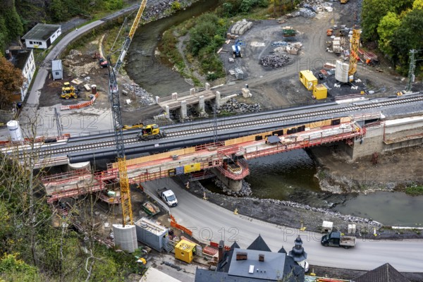 Reconstruction in the Ahr Valley, after the flood of July 2021, restoration of the railway infrastructure of the Ahr line, 29 km of tracks, 15 railway bridges, 7 were renovated, stations and stops renovated or renewed, 885 masts were built for the overhead line of the new electrification and 55 km of overhead lines were redrawn, here work on the cycle path bridge and railway bridge near Altenahr, Rhineland-Palatinate
