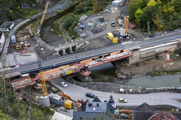 Reconstruction in the Ahr Valley, after the flood of July 2021, restoration of the railway infrastructure of the Ahr line, 29 km of tracks, 15 railway bridges, 7 were renovated, stations and stops renovated or renewed, 885 masts were built for the overhead line of the new electrification and 55 km of overhead lines were redrawn, here work on the cycle path bridge and railway bridge near Altenahr, Rhineland-Palatinate