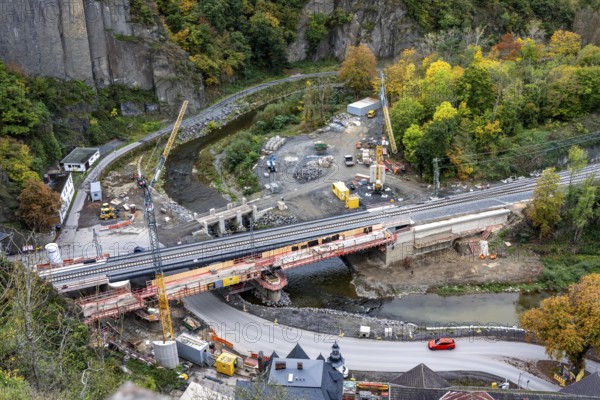 Reconstruction in the Ahr Valley, after the flood of July 2021, restoration of the railway infrastructure of the Ahr line, 29 km of tracks, 15 railway bridges, 7 were renovated, stations and stops renovated or renewed, 885 masts were built for the overhead line of the new electrification and 55 km of overhead lines were redrawn, here work on the railway bridge near Altenahr, Rhineland-Palatinate