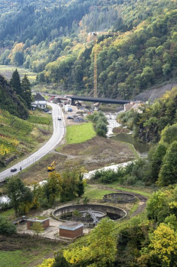 Reconstruction in the Ahr Valley, after the flood of July 2021, provisional sewage treatment plants, all sewage treatment plants in the Ahr Valley were destroyed by the floods, temporary sewage treatment plants are to purify the waste water in front of it is discharged into the Ahr, new sewage treatment plants are to be built later, near Mayschoß, Rhineland-Palatinate