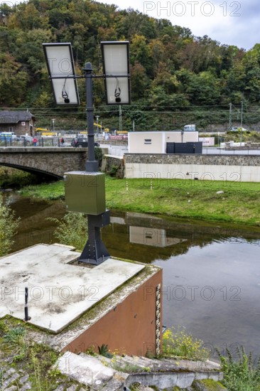 Reconstruction in the Ahr Valley, after the flood of July 2021, level measurement point on the river Ahr near Altenahr, measures the water level of the Ahr and transmits the data to the flood control center of Rhineland-Palatinate, they should warn of floods in good time, there are currently 41 measuring points in Rhineland-Palatinate