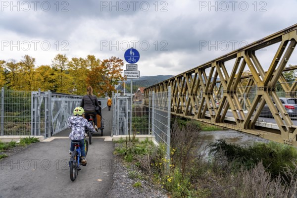 Temporary bridges over the Ahr, in the Ahr Valley, after the flood of July 2021, built by the Technical Relief Agency, THW built 19 vehicle bridges and 5 pedestrian bridges after the flood disaster, in places where the flood had destroyed the existing bridges, until today, 4 years later, they are still in operation, here in Ahrweiler, Mitelahr region, Rhineland-Palatinate