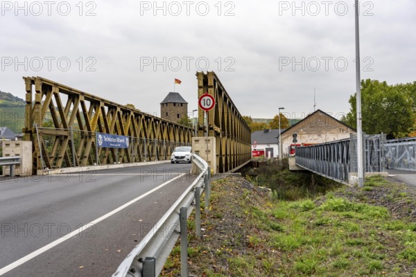 Temporary bridges over the Ahr, in the Ahr Valley, after the flood of July 2021, built by the Technical Relief Agency, THW built 19 vehicle bridges and 5 pedestrian bridges after the flood disaster, in places where the flood had destroyed the existing bridges, until today, 4 years later, they are still in operation, here in Ahrweiler, Mitelahr region, Rhineland-Palatinate