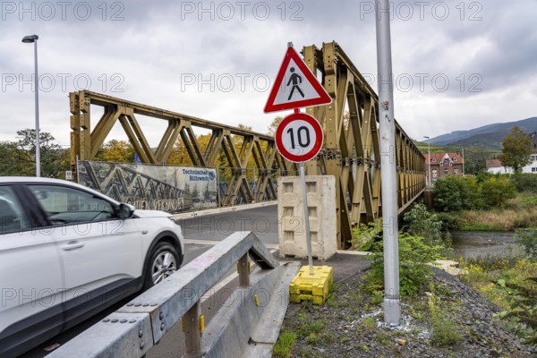 Temporary bridges over the Ahr, in the Ahr Valley, after the flood of July 2021, built by the Technical Relief Agency, THW built 19 vehicle bridges and 5 pedestrian bridges after the flood disaster, in places where the flood had destroyed the existing bridges, until today, 4 years later, they are still in operation, here in Ahrweiler, Mitelahr region, Rhineland-Palatinate