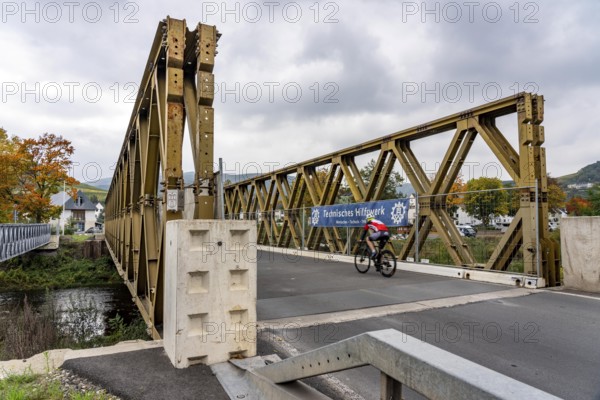 Temporary bridges over the Ahr, in the Ahr Valley, after the flood of July 2021, built by the Technical Relief Agency, THW built 19 vehicle bridges and 5 pedestrian bridges after the flood disaster, in places where the flood had destroyed the existing bridges, until today, 4 years later, they are still in operation, here in Ahrweiler, Mitelahr region, Rhineland-Palatinate