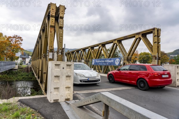 Temporary bridges over the Ahr, in the Ahr Valley, after the flood of July 2021, built by the Technical Relief Agency, THW built 19 vehicle bridges and 5 pedestrian bridges after the flood disaster, in places where the flood had destroyed the existing bridges, until today, 4 years later, they are still in operation, here in Ahrweiler, Mitelahr region, Rhineland-Palatinate