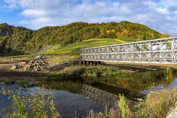 Temporary bridges over the Ahr, in the Ahr Valley, after the flood of July 2021, built by the Technical Relief Agency, THW built 19 vehicle bridges and 5 pedestrian bridges after the flood disaster, in places where the flood had destroyed the existing bridges, until today, 4 years later, they are still in operation, near Mayschoß, Mitelahr region, Rhineland-Palatinate