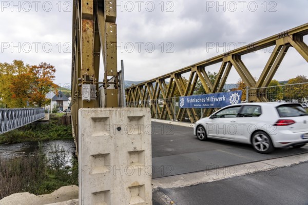 Temporary bridges over the Ahr, in the Ahr Valley, after the flood of July 2021, built by the Technical Relief Agency, THW built 19 vehicle bridges and 5 pedestrian bridges after the flood disaster, in places where the flood had destroyed the existing bridges, until today, 4 years later, they are still in operation, here in Ahrweiler, Mitelahr region, Rhineland-Palatinate