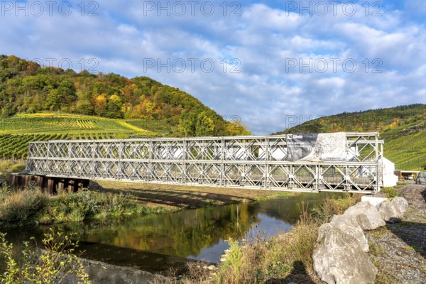 Temporary bridges over the Ahr, in the Ahr Valley, after the flood of July 2021, built by the Technical Relief Agency, THW built 19 vehicle bridges and 5 pedestrian bridges after the flood disaster, in places where the flood had destroyed the existing bridges, until today, 4 years later, they are still in operation, near Mayschoß, Mitelahr region, Rhineland-Palatinate