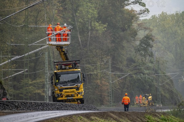 Reconstruction in the Ahr Valley, after the flood of July 2021, restoration of the railway infrastructure of the Ahr line, 29 km of tracks, 15 railway bridges, 7 were renovated, stations and stops renovated or renewed, 885 masts were built for the overhead line of the new electrification and 55 km of overhead lines were redrawn, here work on the railway bridge near Walportzheim, Ahrweiler, Rhineland-Palatinate