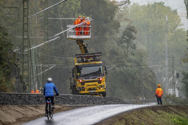 Reconstruction in the Ahr Valley, after the flood of July 2021, restoration of the railway infrastructure of the Ahr line, 29 km of tracks, 15 railway bridges, 7 were renovated, stations and stops renovated or renewed, 885 masts were built for the overhead line of the new electrification and 55 km of overhead lines were redrawn, here work on the railway bridge near Walportzheim, Ahrweiler, Rhineland-Palatinate