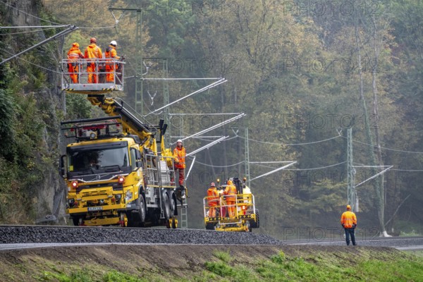Reconstruction in the Ahr Valley, after the flood of July 2021, restoration of the railway infrastructure of the Ahr line, 29 km of tracks, 15 railway bridges, 7 were renovated, stations and stops renovated or renewed, 885 masts were built for the overhead line of the new electrification and 55 km of overhead lines were redrawn, here work on the railway bridge near Walportzheim, Ahrweiler, Rhineland-Palatinate